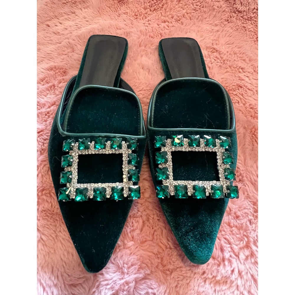 Regal Dark Green Velvet and Jewel Encrusted Flats